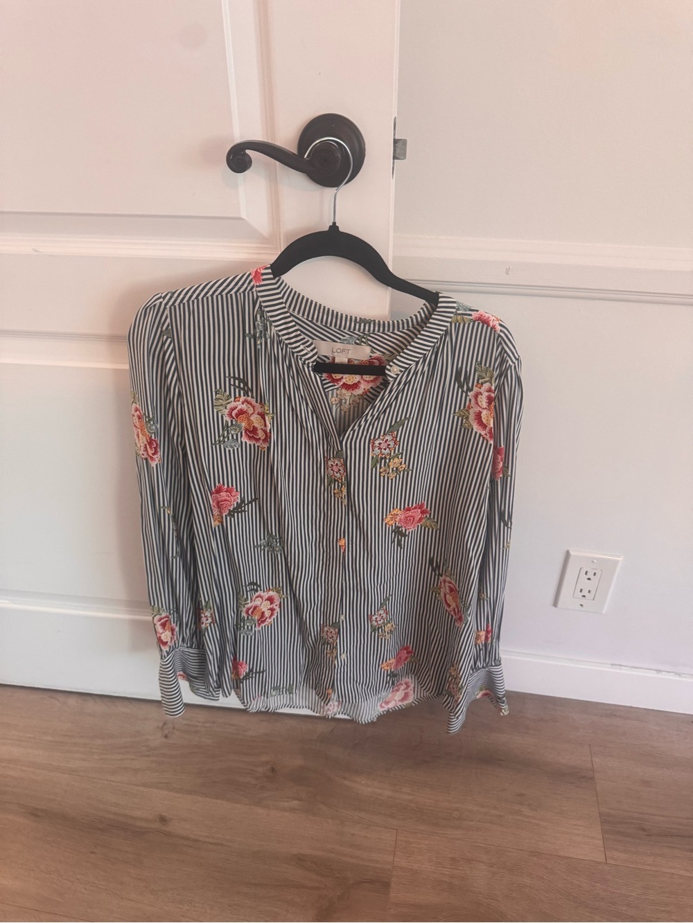 LOFT Black-and-White Striped Blouse with Pink Floral Print